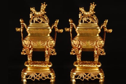 A Pair of Exquisite Gilt Bronze Bamboo Pattern Double-Ears Censers