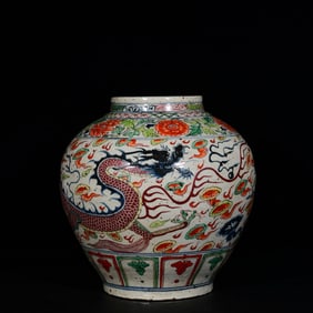 A Rare Wucai Lotus,Auspicious Cloud and Dragon Pattern Jar