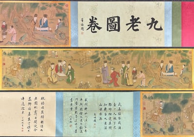 A Chinese Hand Scroll Ink Painting of Character and Story on Silk,Chou Ying