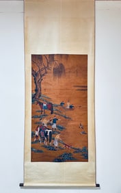 A Chinese Vertical Scroll Ink Painting of Hunting on Silk,Lang Shining