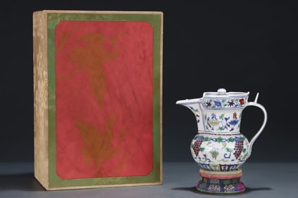 An Exquisite Doucai Lotus and Grapes Pattern Ewer,With Sanskrit