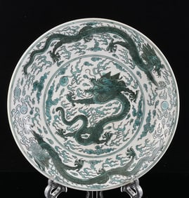 An Exquisite Green Color Auspicious Cloud and Dragon Pattern Plate