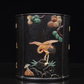 An Exquisite Zitanwood Crane Pattern Brush Pot