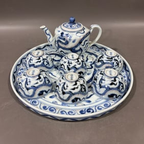A Set of Fine Blue and White Underglaze-Red Auspicious Cloud and Dragon Pattern Teaware