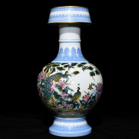 A Rare Blue and White Enamel Painted Gold Flower and Bird Pattern Vase