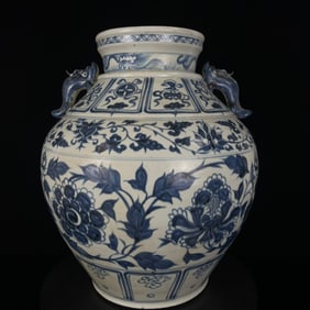 A Rare Blue and White Lotus Pattern Double-Ears Jar
