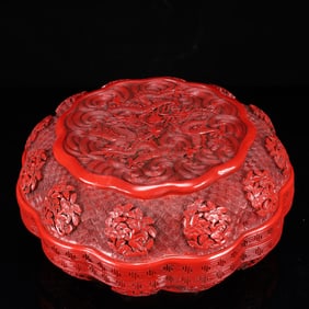 A Rare Carved Red Lacquer Flower and Dragon Pattern Box with Cover