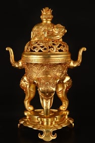 A Rare Gilt Bronze Auspicious Beast Double-Ears and Tripod Censer