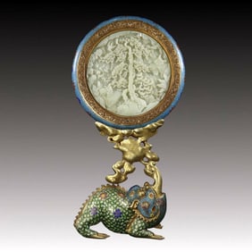 A Rare Cloisonne Inlaid White Jade Character and Story Pattern Auspicious Beast Table Screen