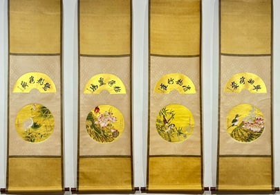 A Set of Chinese Vertical Scroll Ink Painting of Flower and Bird on Paper,Zhang Daqian