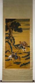 A Chinese Vertical Scroll Ink Painting of Hunting on Silk,Lang Shining