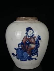 An Exquisite Blue and White Underglaze-Red Woman Pattern Jar