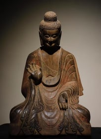 A Rare Limestone Painted Color Statue of Sakyamuni