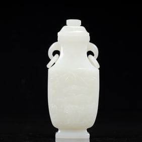 An Exquisite White Jade Landscape Pattern Double-Ears Bottle