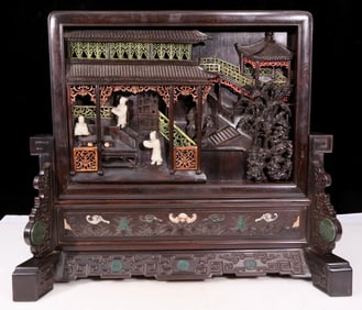 An exquisite zitanwood table screen filled with lacquer, painted with gold and inlaid with white