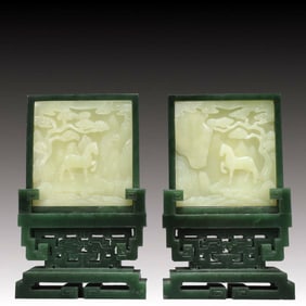 A Pair of Precious White Jade Landscape Pattern Table Screens,With an Imperial Poem by Emperor