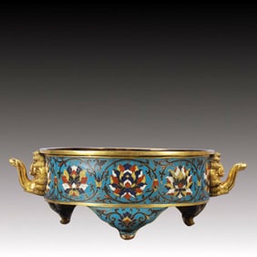 An Exquisite Cloisonne Lotus Pattern Tripod Elephant-Ears Censer