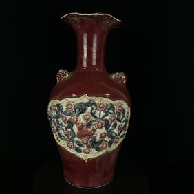 A Huge Ji Red Glazed Flower and Bird Pattern Beast-Ears Vase