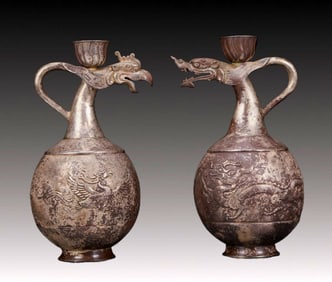 A Pair of Fine Silver Dragon and Phoenix Pattern Ewer
