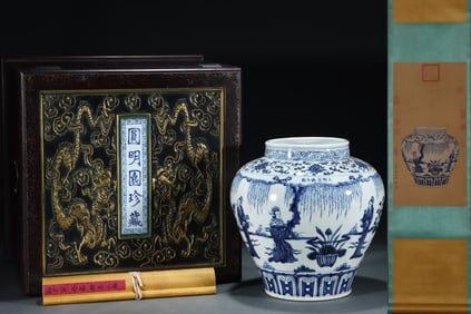 A Rare Blue and White Lotus,Character and Story Pattern Jar,With Vertical Scroll Painting on Silk
