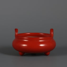 An Exquisite Coral Red Glazed Double-Ears and Tripod Censer