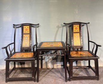A Set of Huge Zitanwood Auspicious Cloud and Dragon Pattern Table and Chairs,With Poem