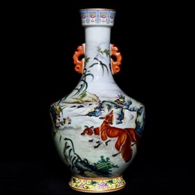 A Rare Famille-Rose Painted Gold Landscape and Fox Pattern Double-Ears Vase,With Poem