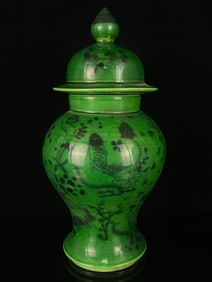 An Exquisite Green Glazed Fish and Algae Pattern Cover Jar