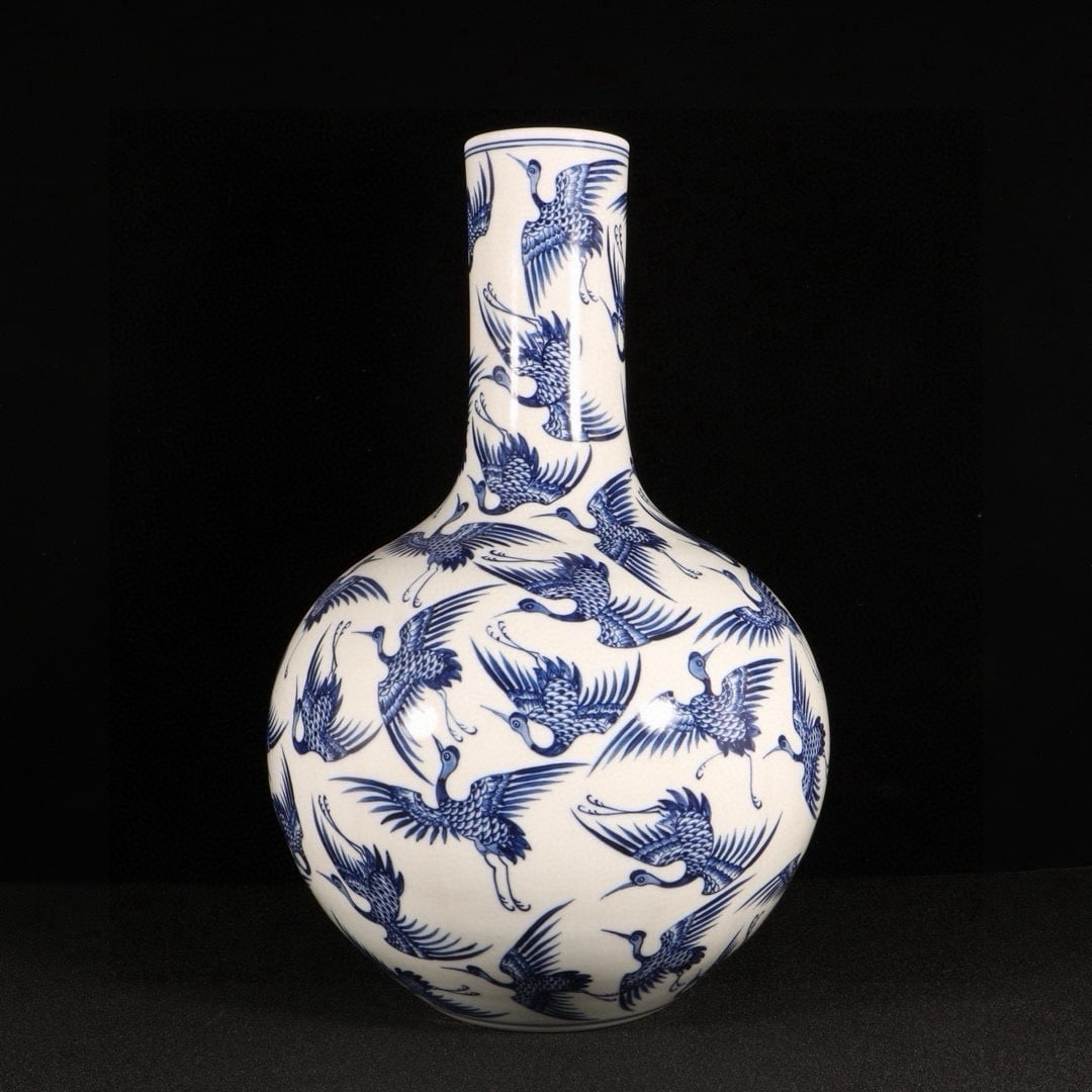 A Rare Blue and White Crane Pattern Vase: A Rare Blue and White Crane Pattern Vase,Qing Dynasty, China,Yongzheng Six-character Mark,Size:14.6inx10.6in 青花鹤纹瓶,中国清代,雍正&