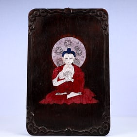 A Rare Zitanwood Inlaid Gems Statue of Sakyamuni Pendant