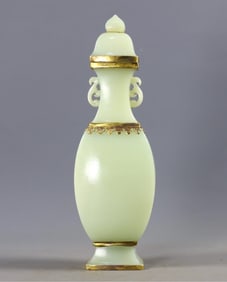 A Rare White Jade Cover with Gold Double-Ears Vase