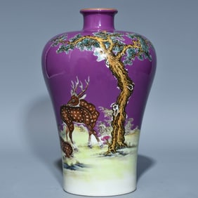An Exquisite Purple Glazed Famille-Rose Painted Gold Pine and Deer Pattern Vase,With Poem