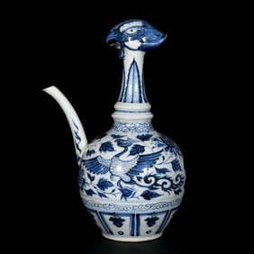 A Rare Blue and White Flower and Bird Pattern Rooster-head Pot