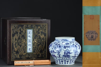 A Rare Blue and White Lotus,Character and Story Pattern Jar,With Vertical Scroll Painting on Silk