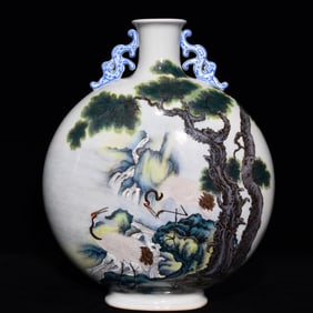 A Rare Blue and White Famille-Rose Pine and Crane Pattern Double-Ears Vase