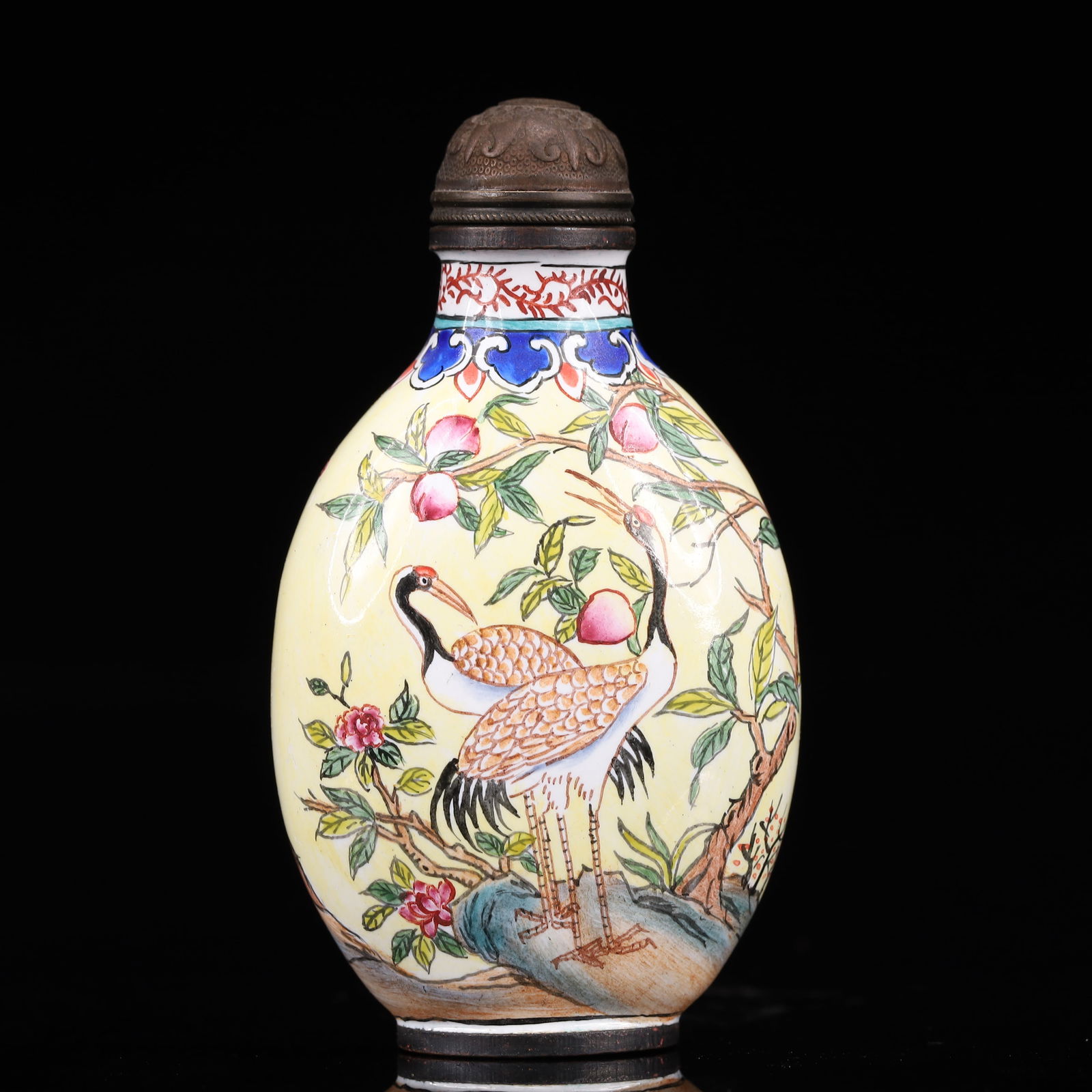 An Exquisite Painted Enamel Crane and Peach Pattern Snuff Bottle (1 of 8)
