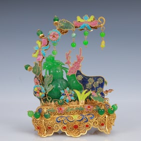 An Exquisite Filigree and Gilding Inlaid Jadeite Gourd Ornament,Inlaid Gems