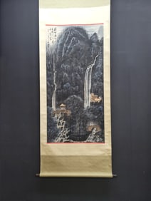A Chinese Vertical Scroll Ink Painting of Landscape and Figure on Paper,Li Keran