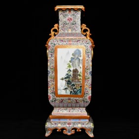 A Huge Famille-Rose Painted Gold Lotus and Landscape Pattern Beast-Ears Vase,With Base