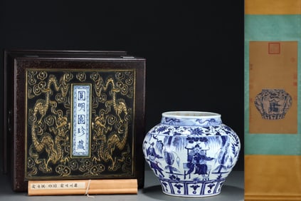 A Rare Blue and White Lotus,Character and Story Pattern Jar,With Vertical Scroll Painting on Silk