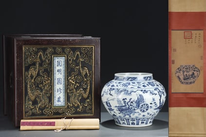 A Rare Blue and White Lotus,Character and Story Pattern Jar,With Vertical Scroll Painting on Silk