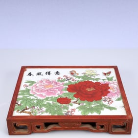 A Rare Huanghuali wood Inlaid Porcelain Plaques Flower and Butterfly Pattern End Table