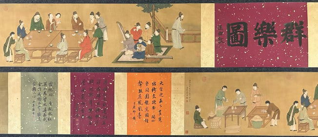 A Chinese Hand Scroll Ink Painting of Character and Story on Silk,Yu Zhiding