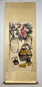 A Chinese Vertical Scroll Ink Painting of Flower and Fruit on Paper,Wu Changshuo