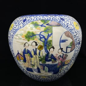 A Rare Blue and White Wucai Lotus,Eight Treasures and Woman Pattern Jar