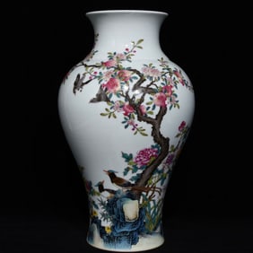 A Rare Famille-Rose Flower and Bird Pattern Vase,With Poem