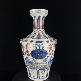 A Huge Blue and White Underglaze-Red Mandarin Duck Pattern Beast-Ears Vase