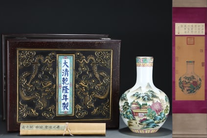 A Rare Famille-Rose Painted Gold Landscape and Figure Pattern Vase,With Vertical Scroll Painting on