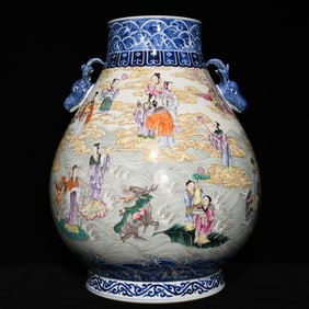 A Huge Blue and White Famille-Rose Character and Story Pattern Deer-Ears Vase