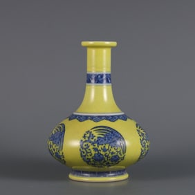 An Exquisite Yellow Glazed Blue and White Lotus and Phoenix Pattern Vase
